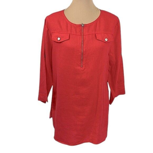 Linen Top Tunic Size Large Ellen Tracy Roll Tab NWOT - Picture 2 of 16